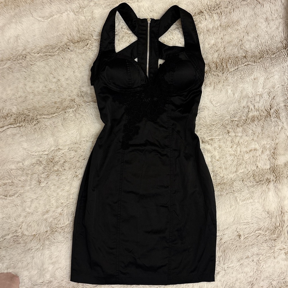🖤 Black Satin Mini Dress Y2K Floral Appliqué - XOXO Brand Circa 2000s